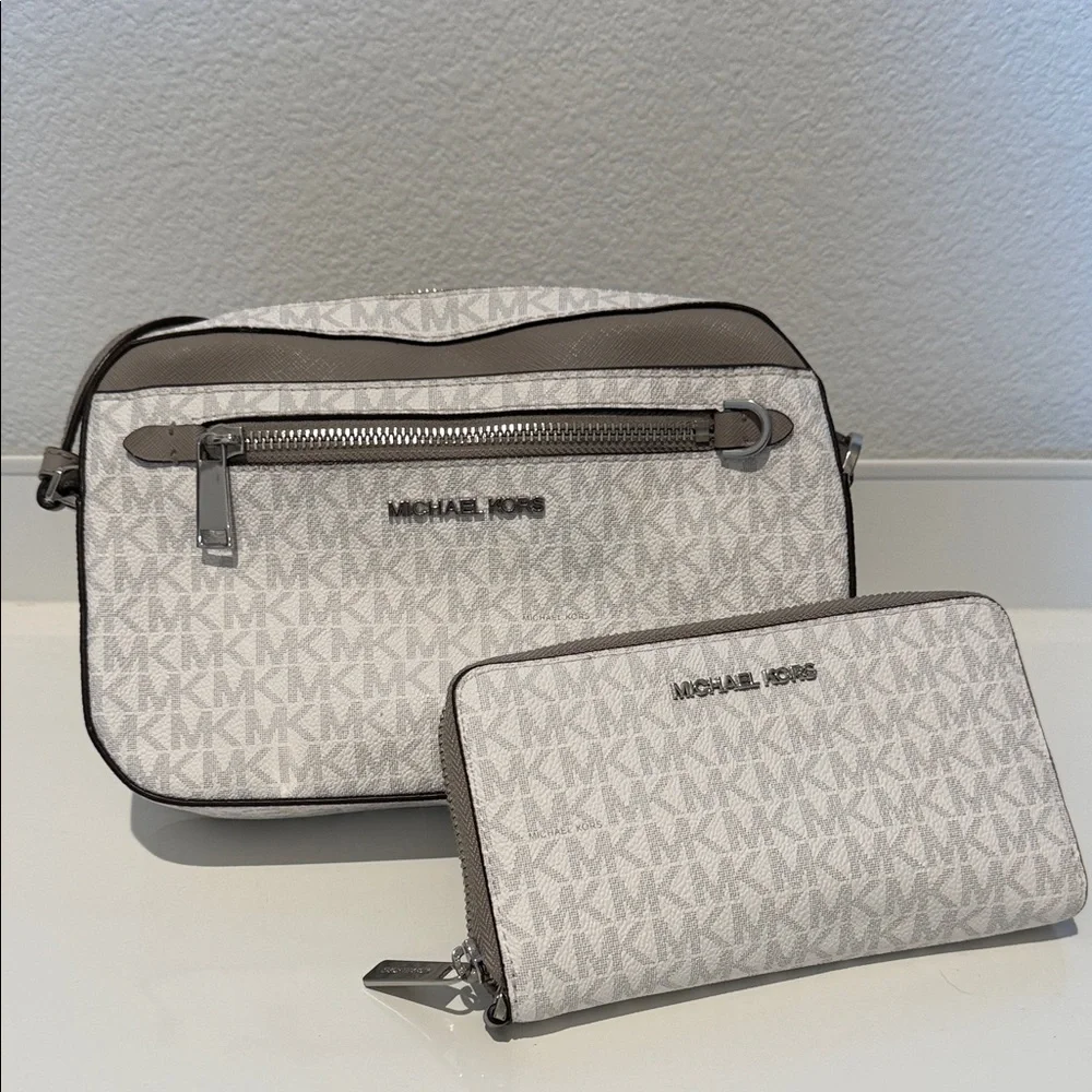 Michael Kors White Logo Crossbody Bag and Matching Wallet with Taupe Trim